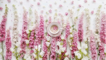 An elegant overhead flat lay captures a serene moment with vibrant pink and delicate white flowers artfully arranged around a charming teacup containing a blooming flower, all set against a pristine w