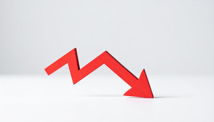 Red wooden arrow pointing downward on white. Business collapse, financial regression, decline.