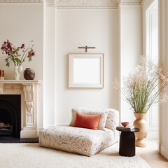 Soft minimalist interior with floral armchair, warm tones and natural decor