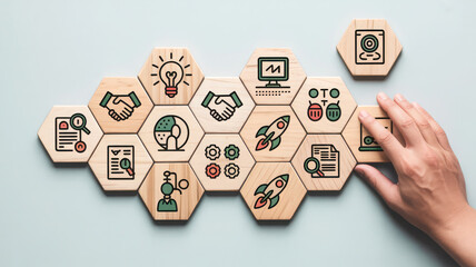 Business strategy and planning concept with wooden hexagons