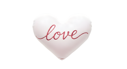 White heart shaped pillow with the word love embroidered in delicate pink script