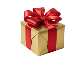 Obraz premium A single luxurious gift box wrapped in highly reflective metallic brushed gold paper with a voluminous crimson red satin bow, isolated against a white studio background. Concept of premium holiday