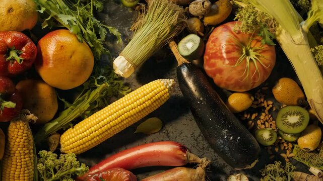 Slow pan over fresh organic fruits and vegetables flat lay with cinematic studio lighting