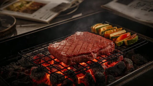 Close-up steak searing on charcoal grill with grilled vegetables in restaurant