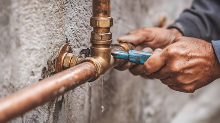 Fototapeta premium High quality image of plumber's hands fixing a leaking brass pipe connection on an exterior wall with dripping water.