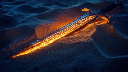 Glowing sword in sand fantasy adventure illustration