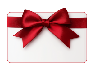 Red Ribbon Bow on White Gift Card isolated on a transparent background