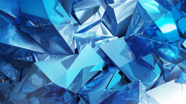 Close-up of shiny blue crystal shards shimmering with reflections arranged in an abstract pattern showcasing intricate textures and vibrant colors under soft light