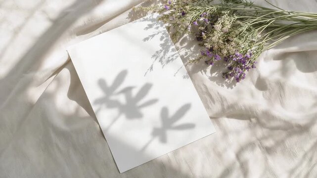 Close-up of white sheet on soft fabric with shadows of dried flowers and greenery casting intricate patterns captured in soft natural light highlighting the delicate textures and colors.