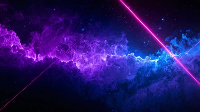 Vibrant cosmic clouds with swirling purple and blue hues illuminated by bright neon light beams creating a captivating visual journey through a celestial space environment