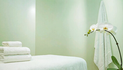 Spa room interior with white orchid flowers next to a massage bed and stacked towels, creating a peaceful and relaxing atmosphere for beauty and wellness.