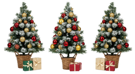 three miniature flocked evergreen trees decorated with luxury red, gold, and silver baubles and gifts in wicker baskets, isolated on a white background. high-end festive anticipation atmosphere