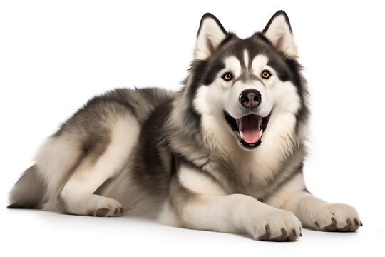 Alaskan malamute dog happy on white background