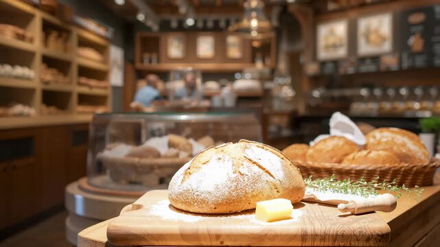 Artisan bread loaf with butter in cozy bakery setting with warm wooden textures soft lighting and variety of breads displayed in rustic shop atmosphere