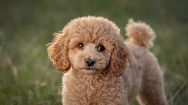Adorable fluffy brown poodle standing on green grass with soft natural light highlighting its curly fur in a close-up shot showcasing its expressions and features throughout the video