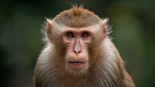 Close-up of a brown macaque monkey displaying various expressions transitioning from staring directly at the camera to a thoughtful gaze set against a blurred natural background with soft lighting