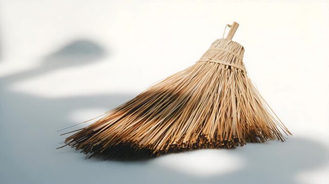 Natural straw broom with a curved shape showcased in a minimalistic environment with soft lighting and subtle textures emphasizing the craft and simplicity of traditional cleaning tools