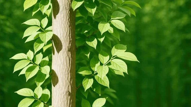 Close-up of vibrant green leaves on a slender tree trunk in a lush forest showcasing the rich textures and soft natural light filtering through the foliage in a serene outdoor environment.