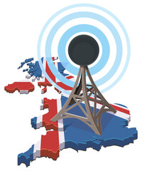 UK map (Union Jack flag colors) with a communication tower emitting signal waves. Concept for global network, broadcasting, or data connectivity in Britain. (cut out)