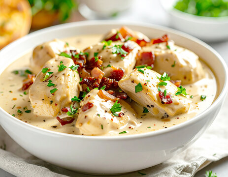 Creamy chicken pieces and bacon bits, stewed in a thick spicy gravy, closeup. AI