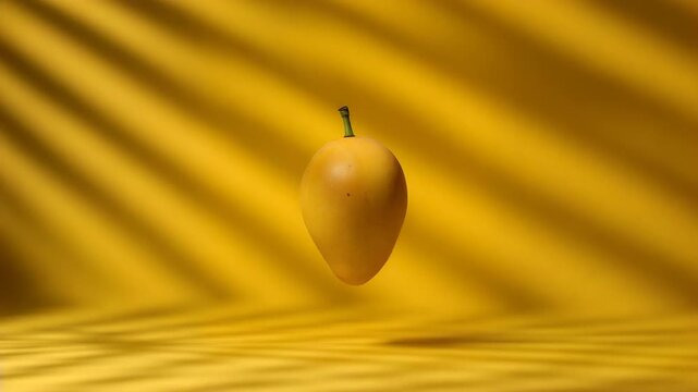 Yellow mango fruit floating against a rich yellow background smooth texture soft lighting with variations in shadow and light creating a visually dynamic scene throughout the clip