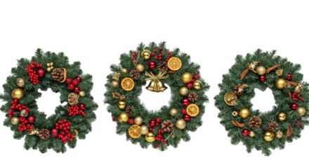 four lush christmas wreaths featuring red matte berries, golden baubles, frosted pine cones, and deep crimson ribbons, arranged horizontally on a pure white background. Concept of opulent holiday