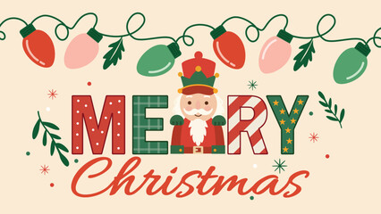 Cute Christmas Greeting Card with Nutcracker and Festive Holiday Lights in EPS format- vector