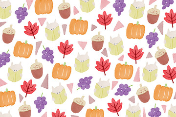 白背景に手描きイラストパターン。秋の読書のコンセプト。本・どんぐり・かぼちゃ・ぶどう