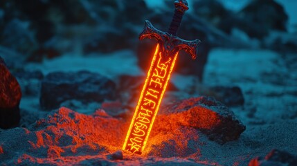 Glowing fantasy sword in dark sand nighttime beach setting