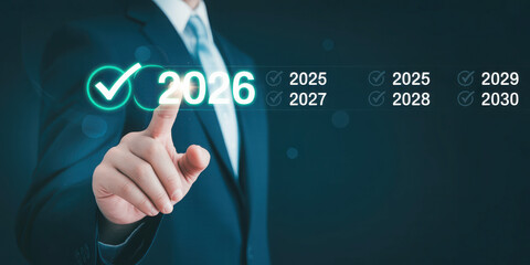 Businessman selecting year 2026 from virtual timeline