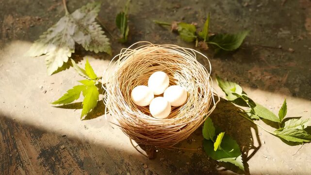 Close-up of a nest with four white eggs surrounded by green leaves on a textured wooden surface illuminated by soft natural light creating gentle shadows