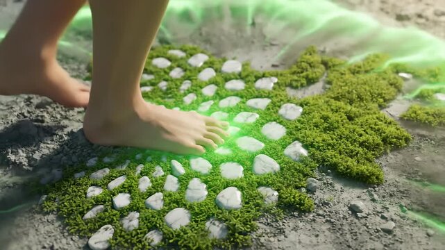 Barefoot Walking on Mossy Stones, Green Magic Animation Evolving