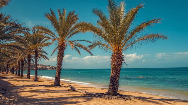 Scenic coastline view featuring bright blue ocean and sandy beach lined with palm trees captured in soft natural light during a clear day with slight waves and vibrant colors