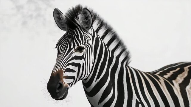 Close-up of a zebra with striking black and white stripes gazing intently with a soft background in natural light showcasing its distinct mane and facial features