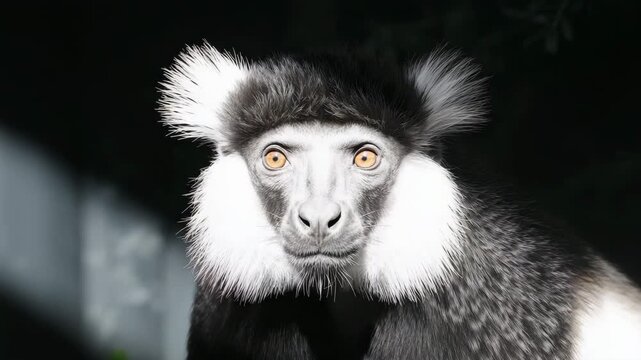 Close-up of a striking black and white monkey with distinctive facial features gazing intently in soft diffused lighting set against a dark blurred natural environment.