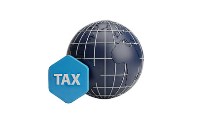 Global Tax Icon With Blue Earth And Hexagonal Tax Symbol On Black Background In Studio Lighting