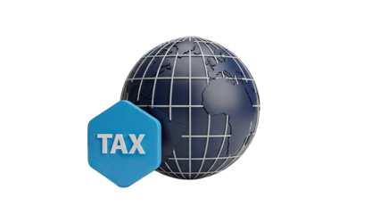Global Tax Icon With Blue Earth And Hexagonal Tax Symbol On Black Background In Studio Lighting