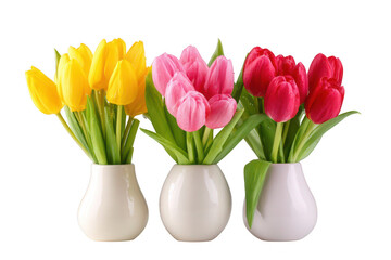 Three vibrant bouquets of yellow, pink, and red tulips in elegant white vases, fresh cut flowers in a row. isolated on transparent background