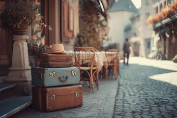 Charming street scene with vintage suitcases in a quaint town
