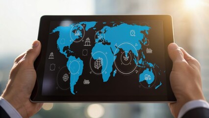A person holds a tablet displaying a digital world map with various icons, highlighting global connectivity and technology.