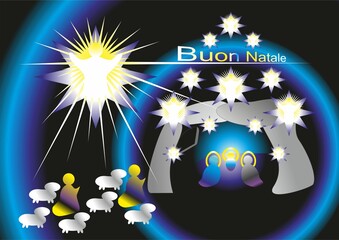 Christmas nativity scene, shepherds with sheep and angels with rays and stars - abstract graphic with silhouettes of people, light and Wishes in Italian. Topics: card, gift, computer art, celebration,
