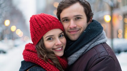 A couple smiles warmly while embracing in a snowy urban setting, wearing cozy winter attire, exuding love and happiness.