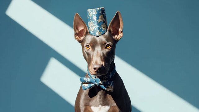 Elegant gray dog wearing a patterned blue hat and bowtie posing confidently against a soft blue background with contrasting light patterns creating a clean and sophisticated studio environment