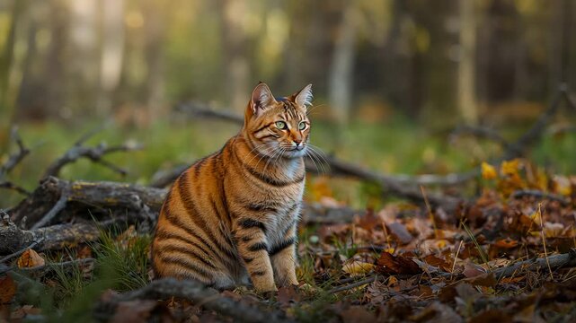 Close-up of a striped cat sitting calmly in a forest setting with warm soft light illuminating the foliage and leaves on the ground showcasing its vibrant fur patterns and attentive gaze