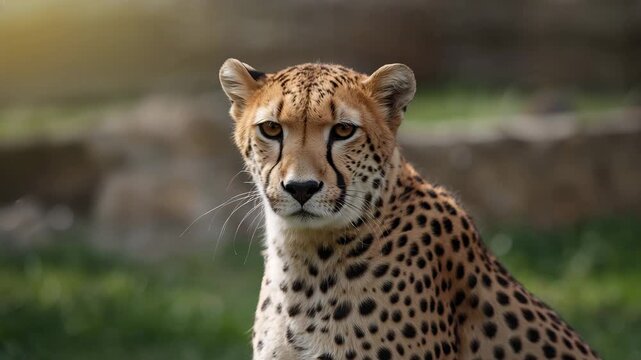 Close-up view of a majestic cheetah in natural habitat displaying unique fur patterns and intense gaze under soft natural light with blurred green grass background highlighting its keen focus and