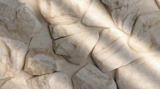 Close-up view of smooth white stones arranged on a surface with soft natural light casting gentle shadows enhancing the textures creating a visually appealing stone pattern throughout the scene