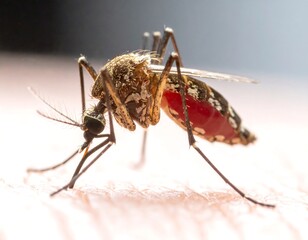 Fototapeta premium A close-up view reveals a mosquito, displaying its intricate features, with detailed anatomy and red, engorged abdomen