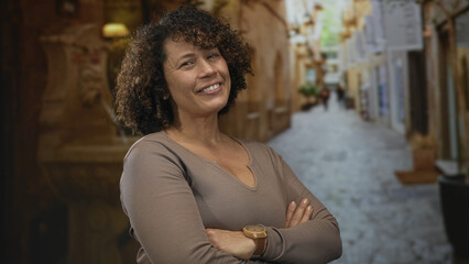 Woman with arms crossed standing on narrow street flanked by aged building facades; confidence empowerment.