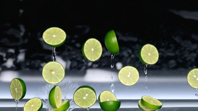 Fallende frische Limette &ndash; Zitrusfrucht auf schwarzem Hintergrund