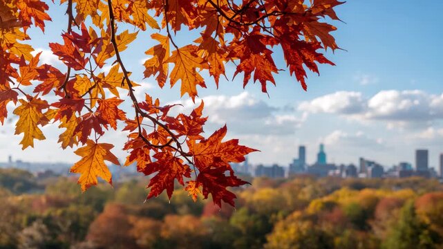 Swaying red and orange maple leaves close up over blurred autumn treetops and distant city skyline daytime panoramic view shallow depth of field soft natural light scattered clouds bokeh background